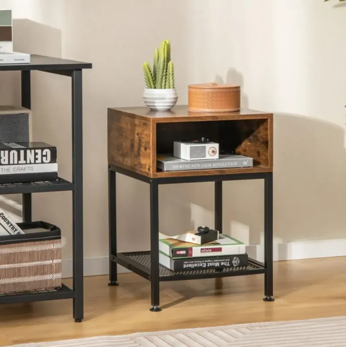 Hivvago Industrial Nightstand End Side Table with Mesh Shelf