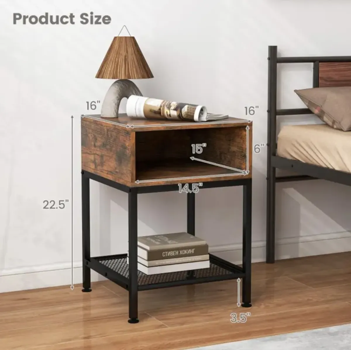 Hivvago Industrial Nightstand End Side Table with Mesh Shelf