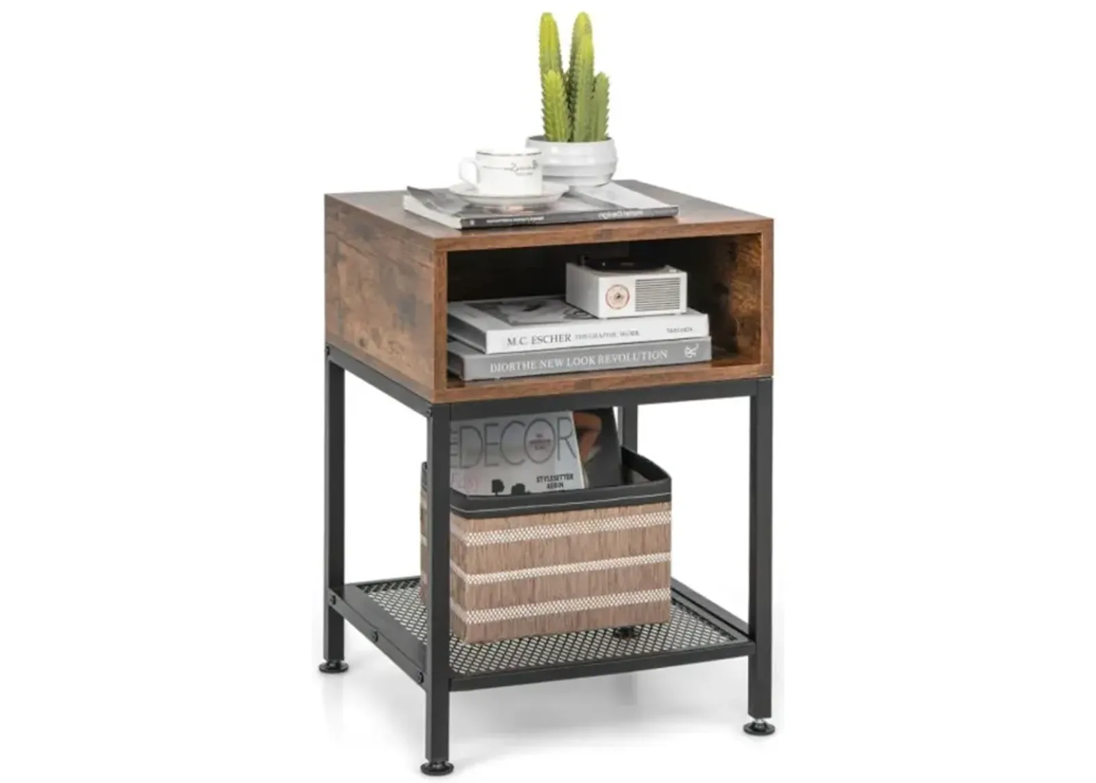 Hivvago Industrial Nightstand End Side Table with Mesh Shelf