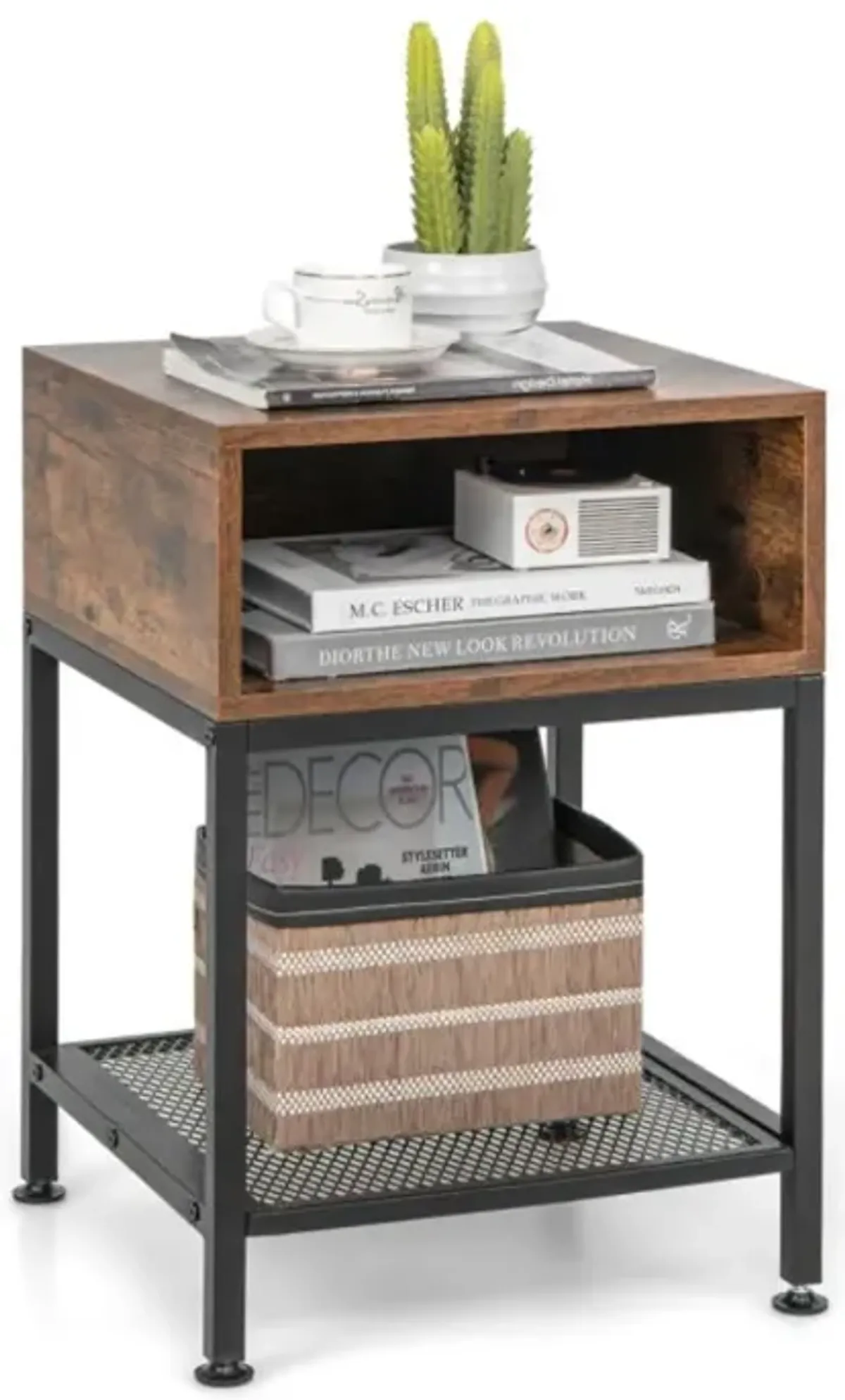 Hivvago Industrial Nightstand End Side Table with Mesh Shelf