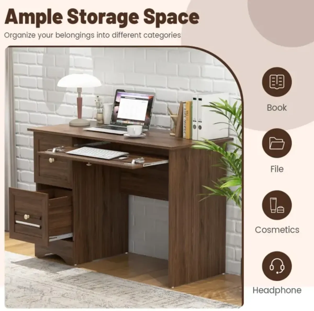 Hivvago Wooden Computer Desk Workstation with 3 Drawers for Home and Office