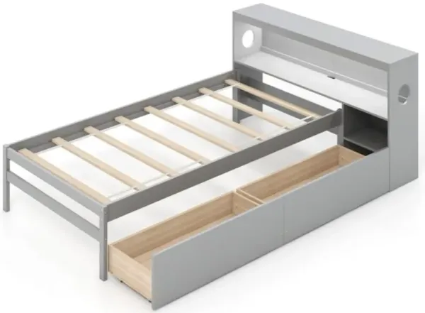 Hivvago Twin Size Bed Frame with LED Light and Bookcase Headboard