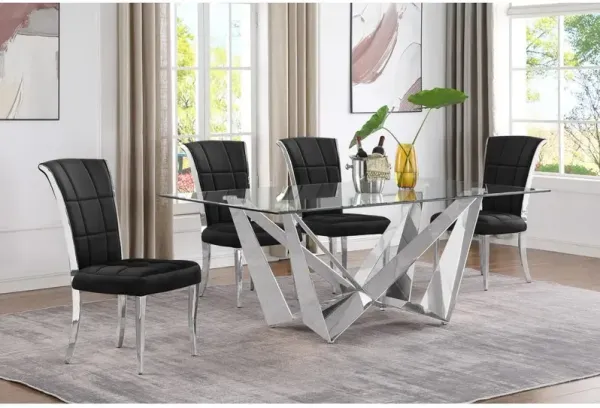5pc Small(78") glass dining set with silver base and 4 Black side chairs