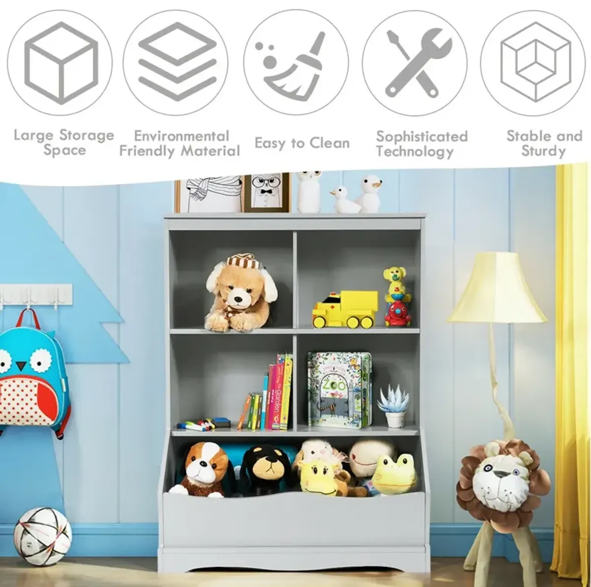 3-Tier Children's Multi-Functional Bookcase Toy Storage Bin Floor Cabinet