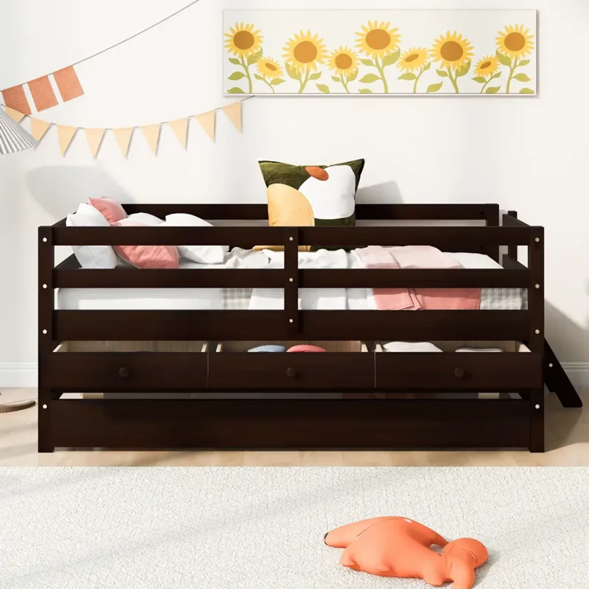 Merax Low Loft Bed with Full Safety Fence