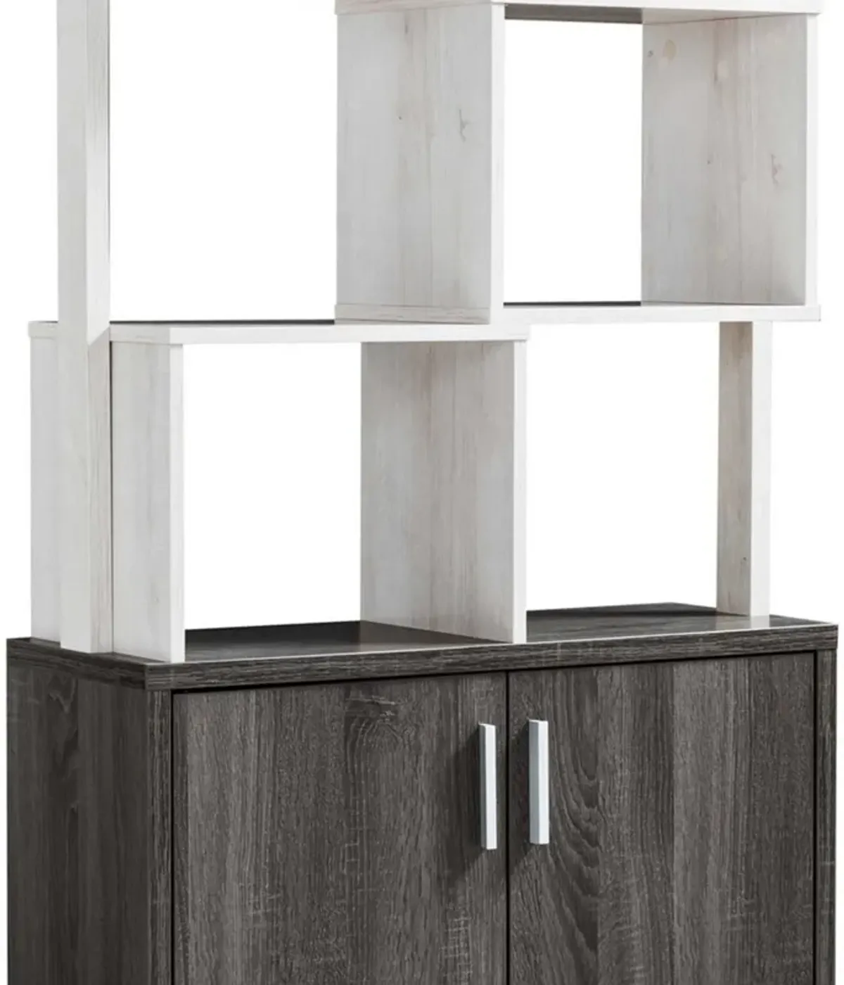 Crew 68 Inch Wood Bookcase Unit, 1 Cabinet, 6 Compartments, Oak White, Gray-Benzara