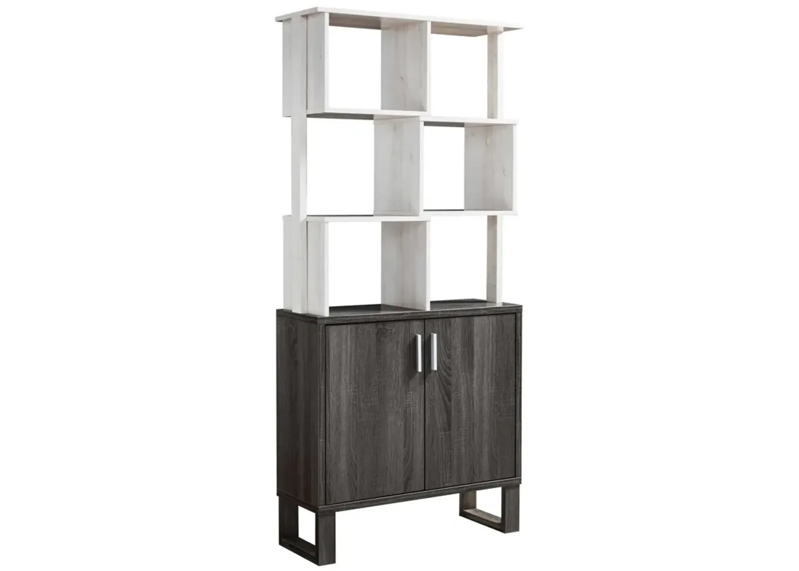 Crew 68 Inch Wood Bookcase Unit, 1 Cabinet, 6 Compartments, Oak White, Gray-Benzara