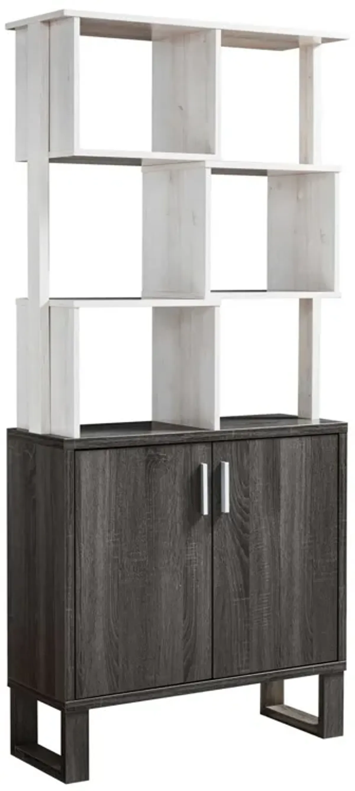 Crew 68 Inch Wood Bookcase Unit, 1 Cabinet, 6 Compartments, Oak White, Gray-Benzara