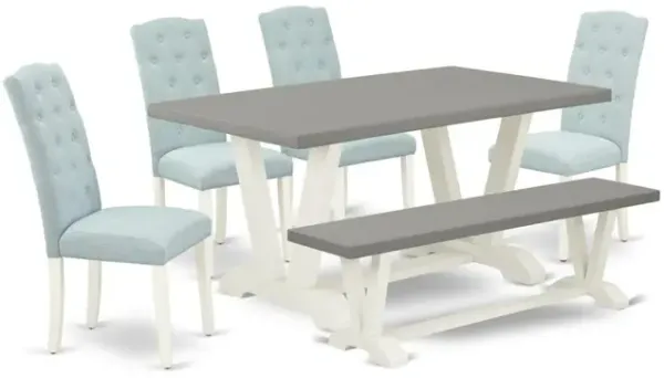 East West Furniture 6-Pc Kitchen Dining Set- 4 Dining Chairs with Baby Blue Linen Fabric Seat and Button Tufted Chair Back - Rectangular Top & Wooden Legs Wood Kitchen Table and Small Bench - Cement a