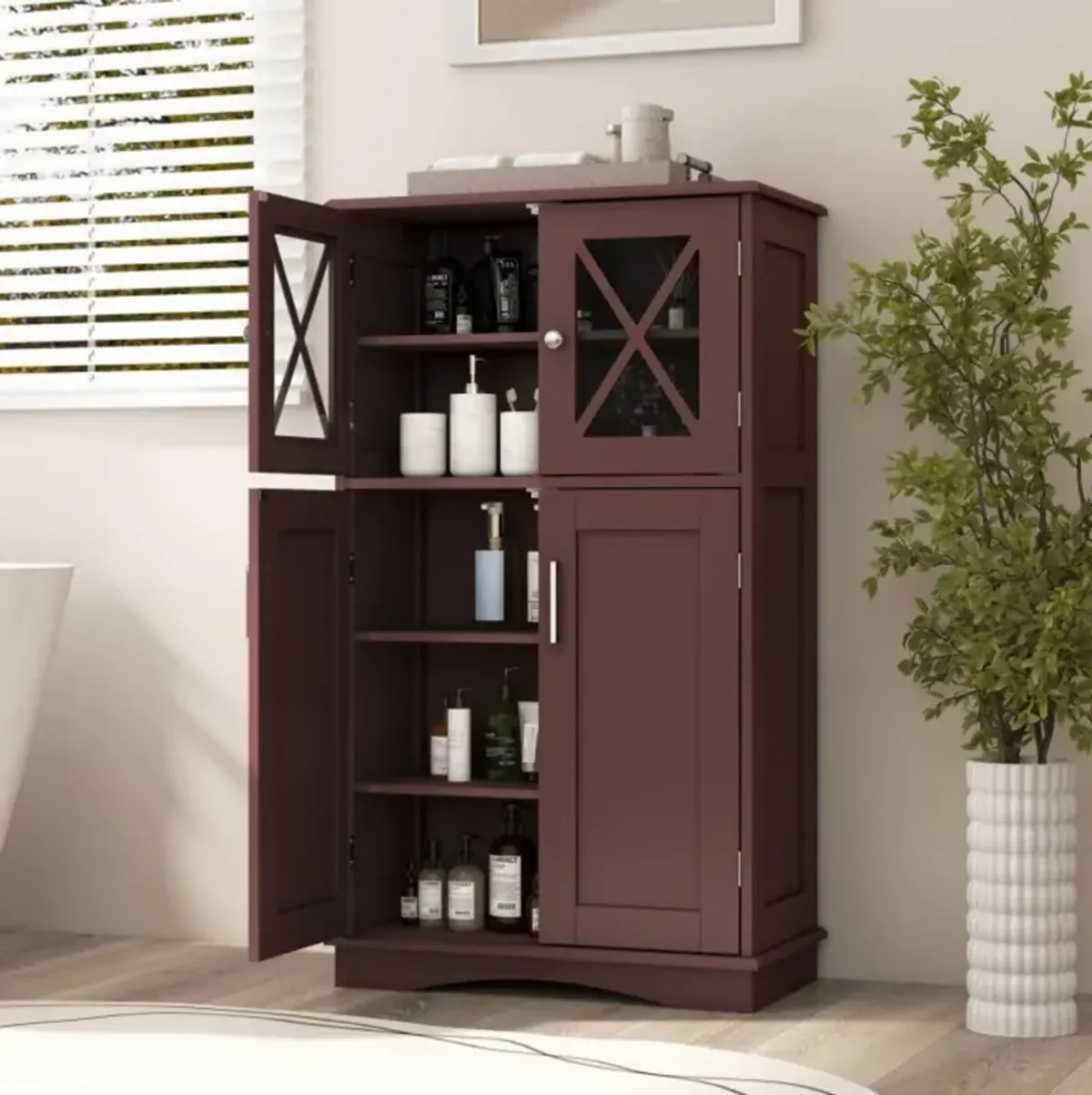 4 Doors Freeestanding Bathroom Floor Cabinet with Adjustable Shelves