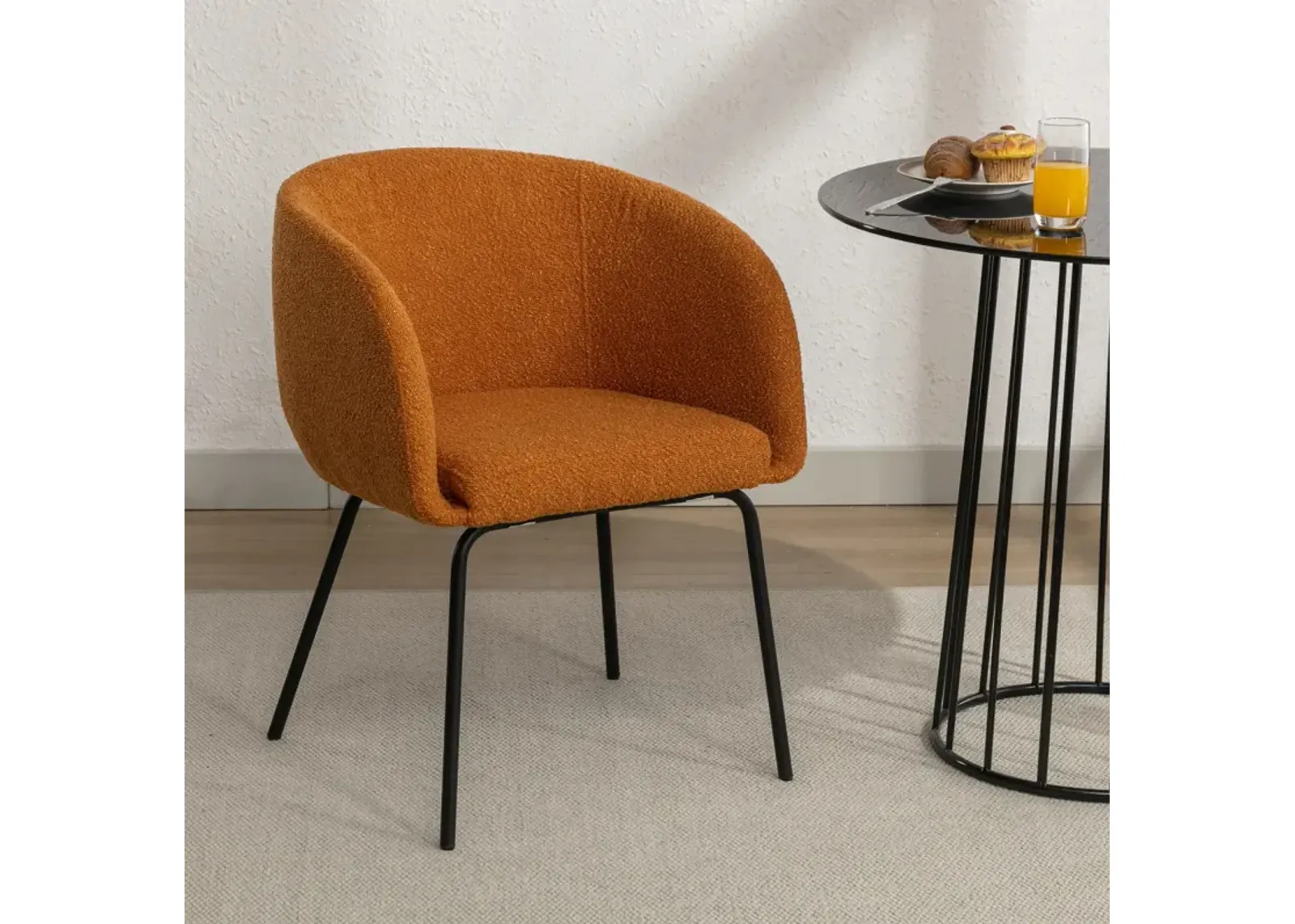 Set Of 1 Boucle Fabric Dining Chair With Black Metal Legs, Ginger