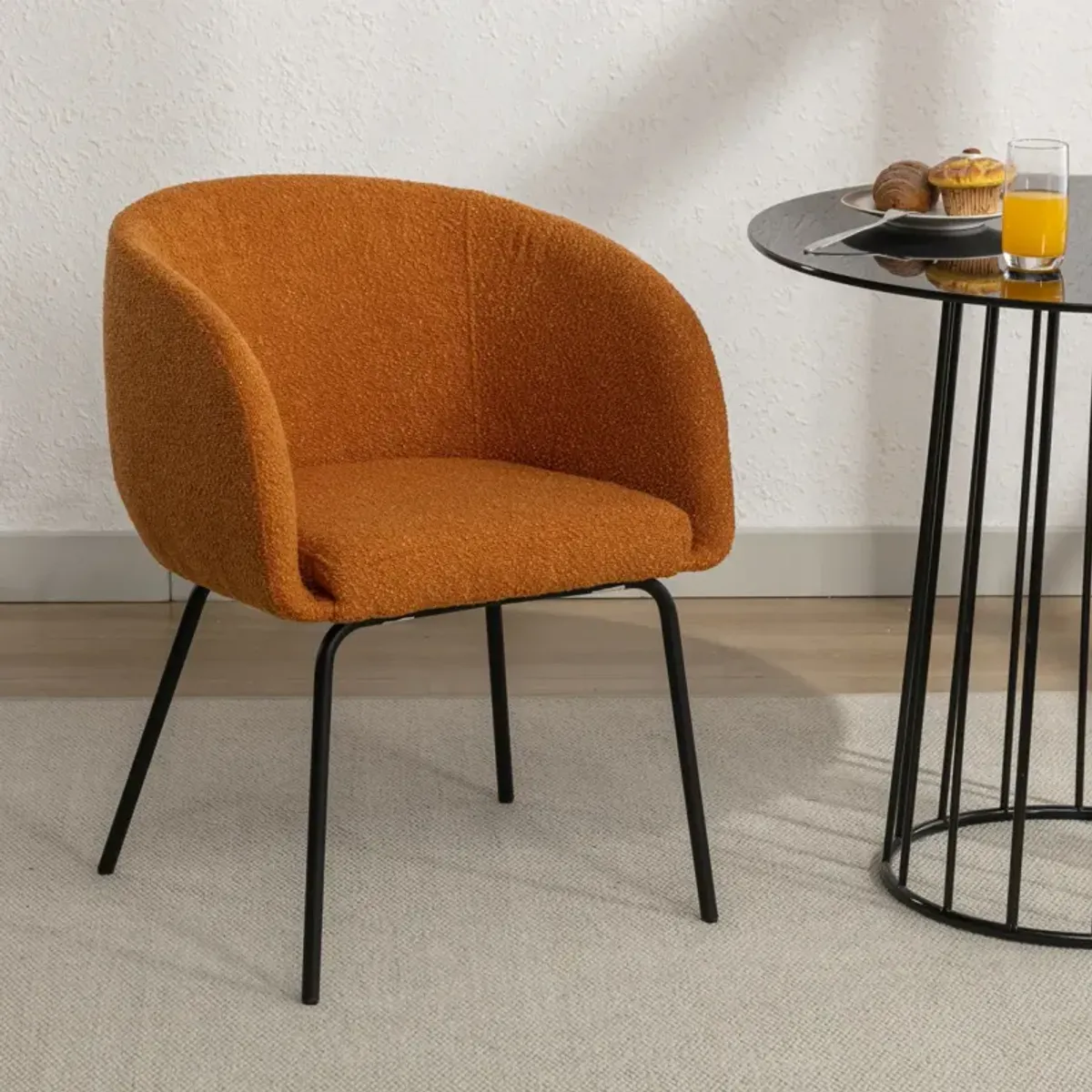 Set Of 1 Boucle Fabric Dining Chair With Black Metal Legs, Ginger