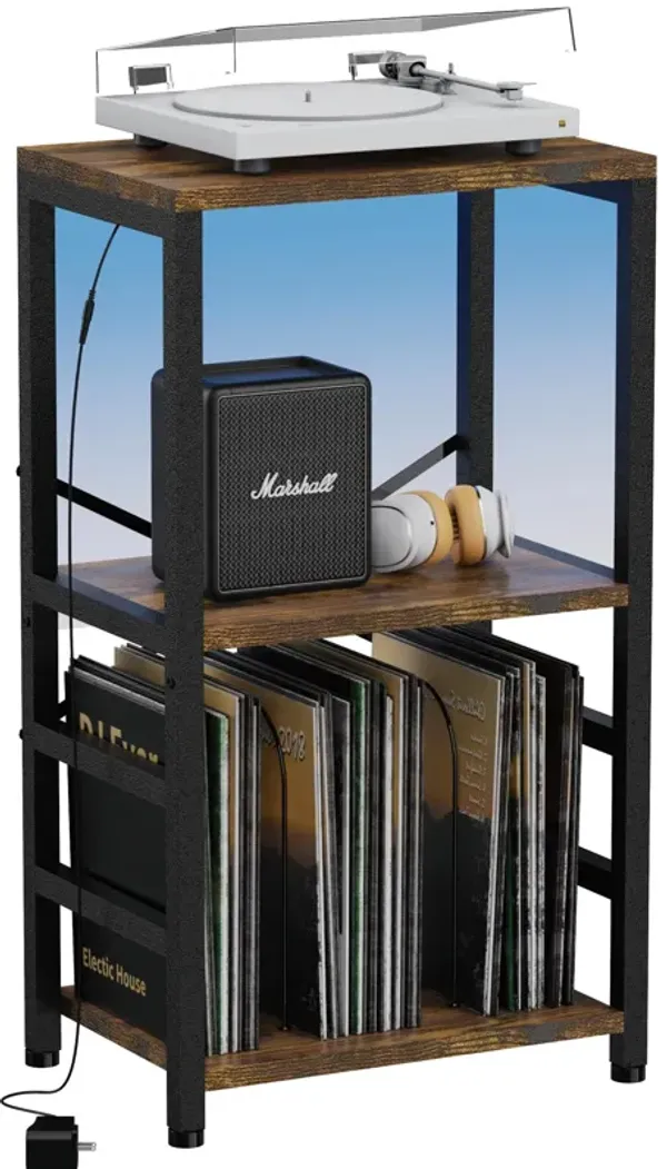 YAKANJ End Table with LED Light,Record Player Stand with Albums Storage,Vinyl Records Storage,Turntable Stand Side Table for Mus