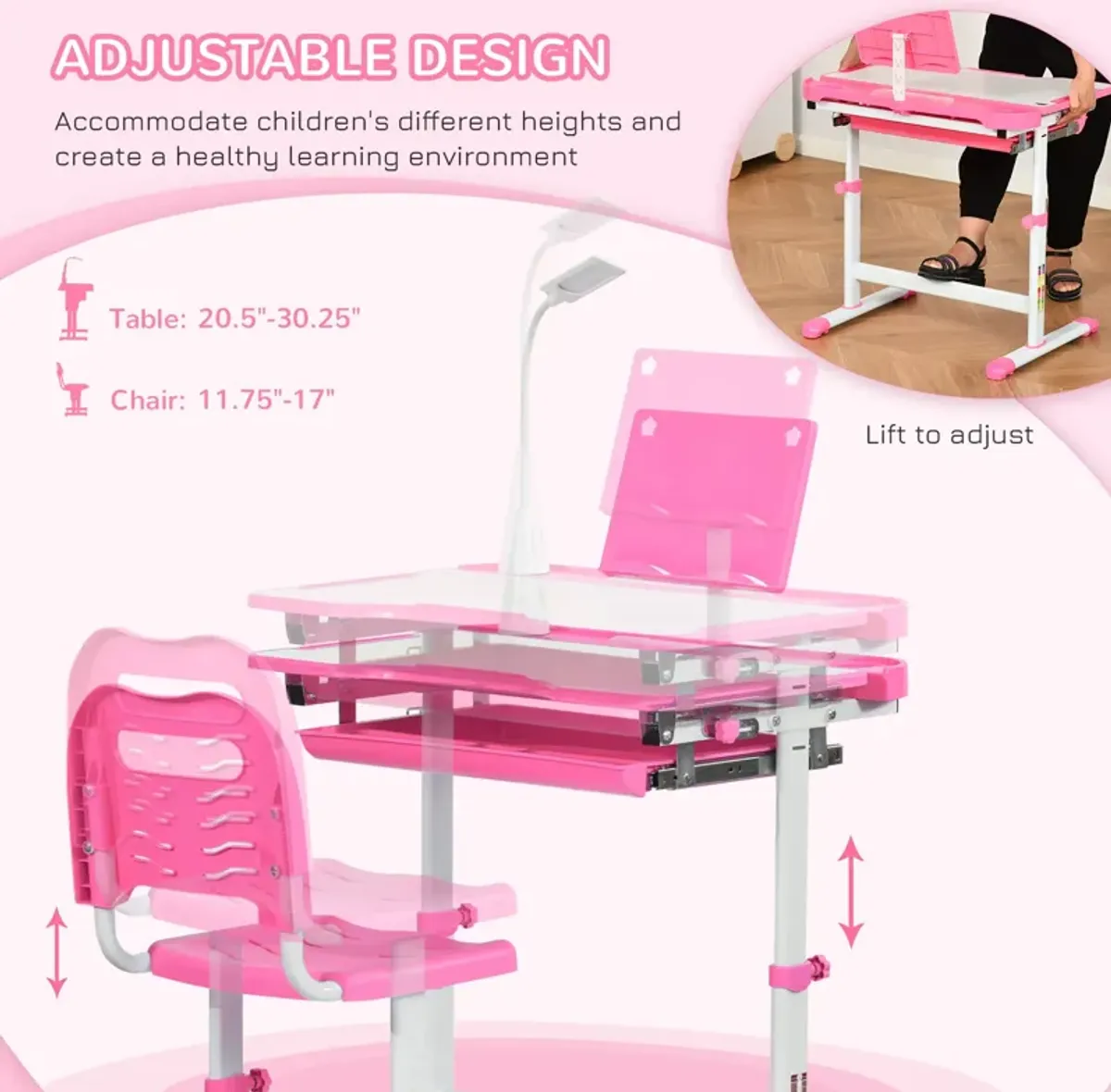 Kids Desk and Chair Set Height Adjustable Children Study Table with Tilt Desktop, LED Lamp, Drawer, Reading Board, Cup Holder, Pen Slots