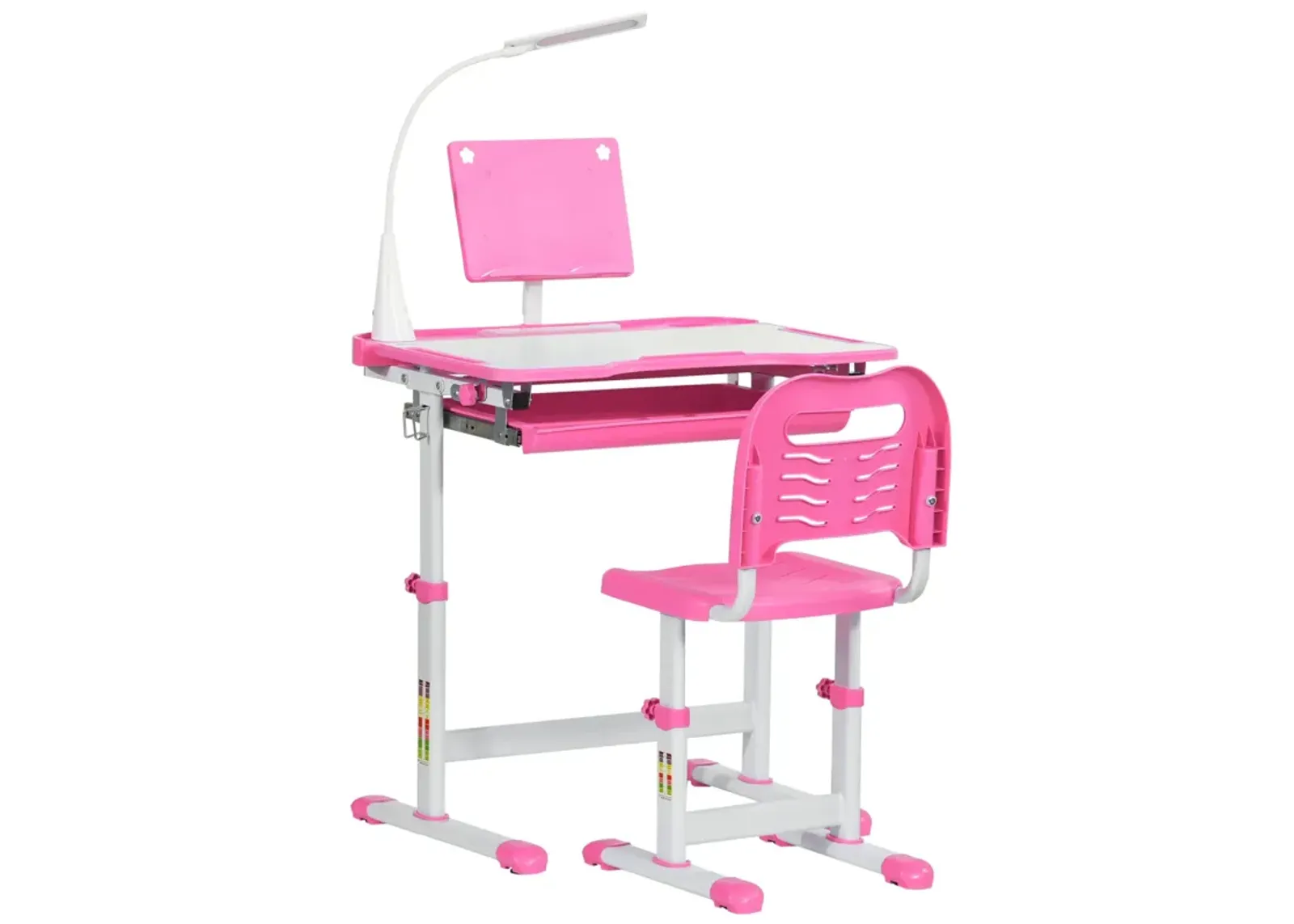 Kids Desk and Chair Set Height Adjustable Children Study Table with Tilt Desktop, LED Lamp, Drawer, Reading Board, Cup Holder, Pen Slots