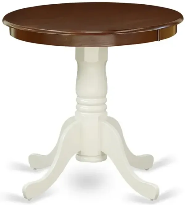 East West Furniture EMT-MLW-TP Eden Kitchen Table - a Round Dining Table Top with Pedestal Base, 30x30 Inch, Mahogany & Linen White