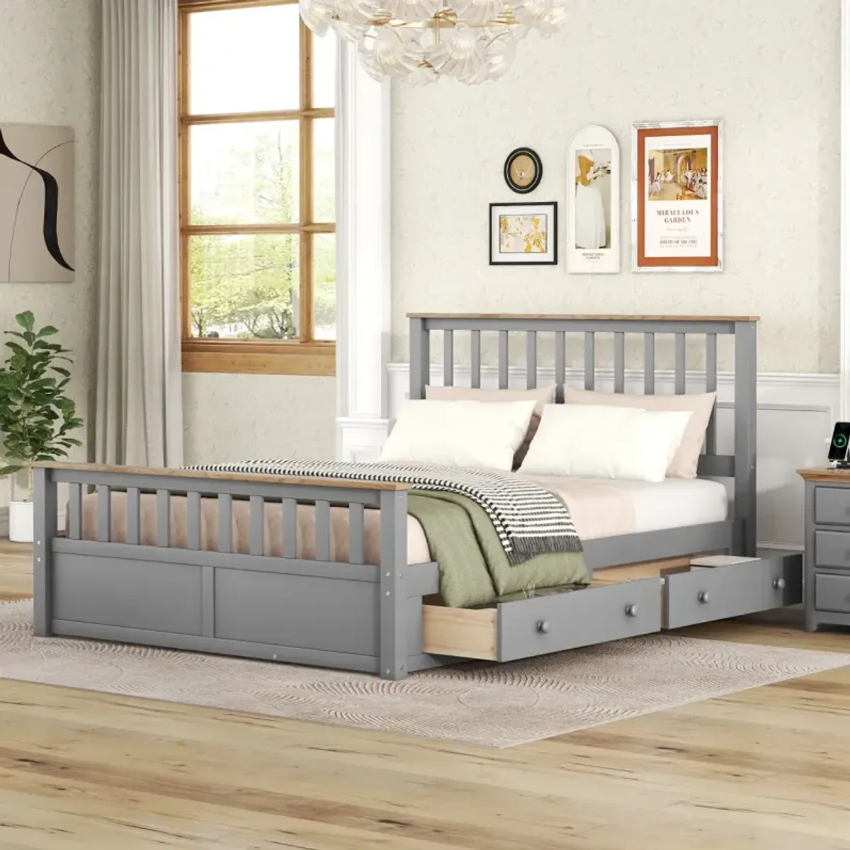 Queen Size Wood Platform Bed With Two Drawers And Wooden Slat Support