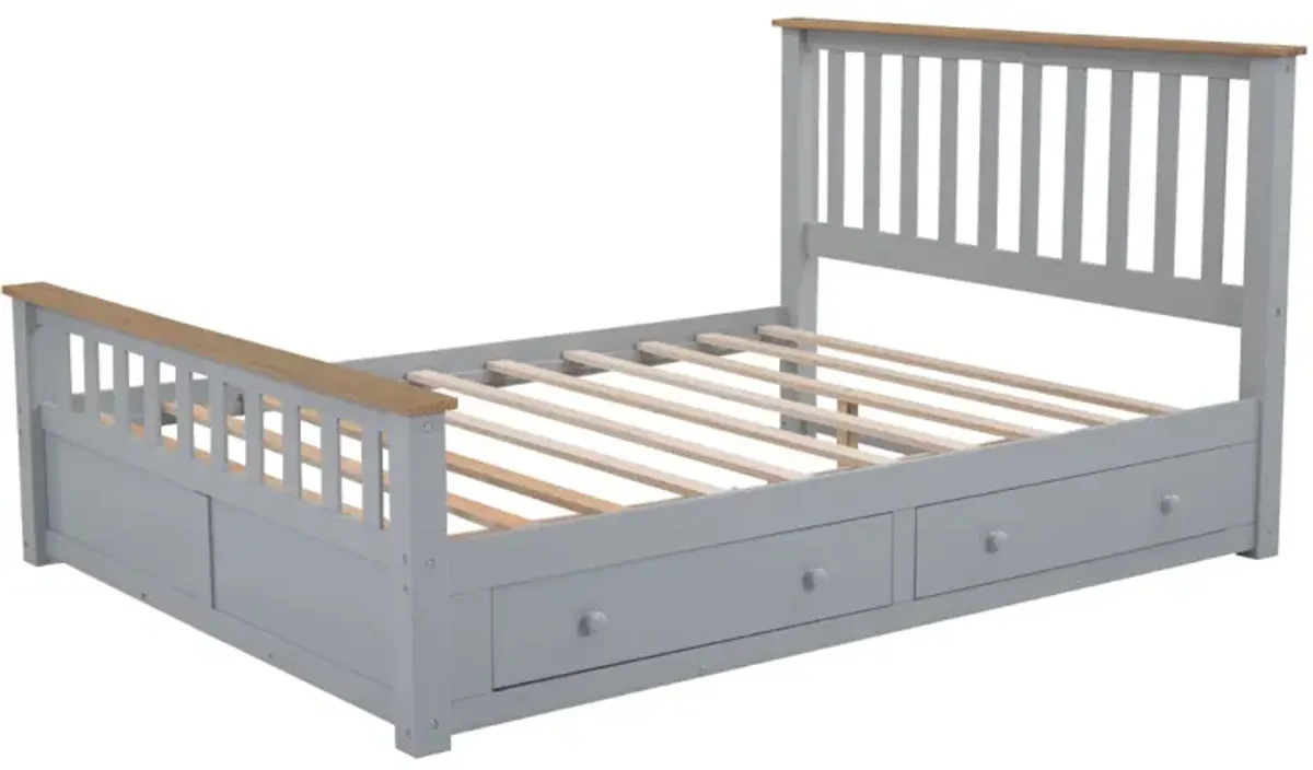 Queen Size Wood Platform Bed With Two Drawers And Wooden Slat Support