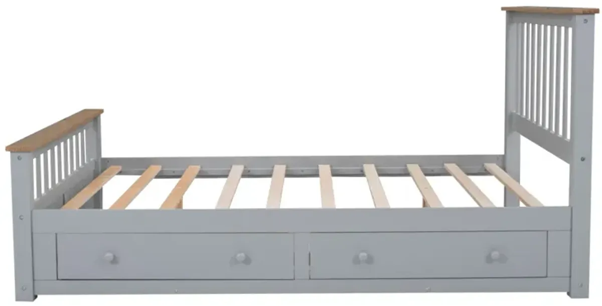 Queen Size Wood Platform Bed With Two Drawers And Wooden Slat Support