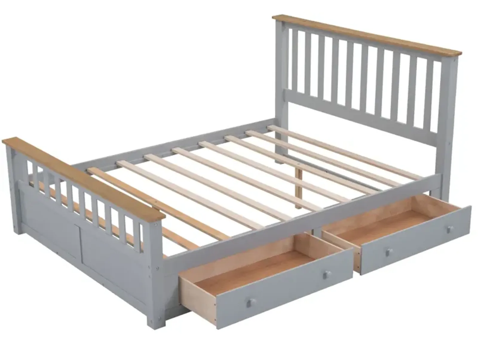 Queen Size Wood Platform Bed With Two Drawers And Wooden Slat Support