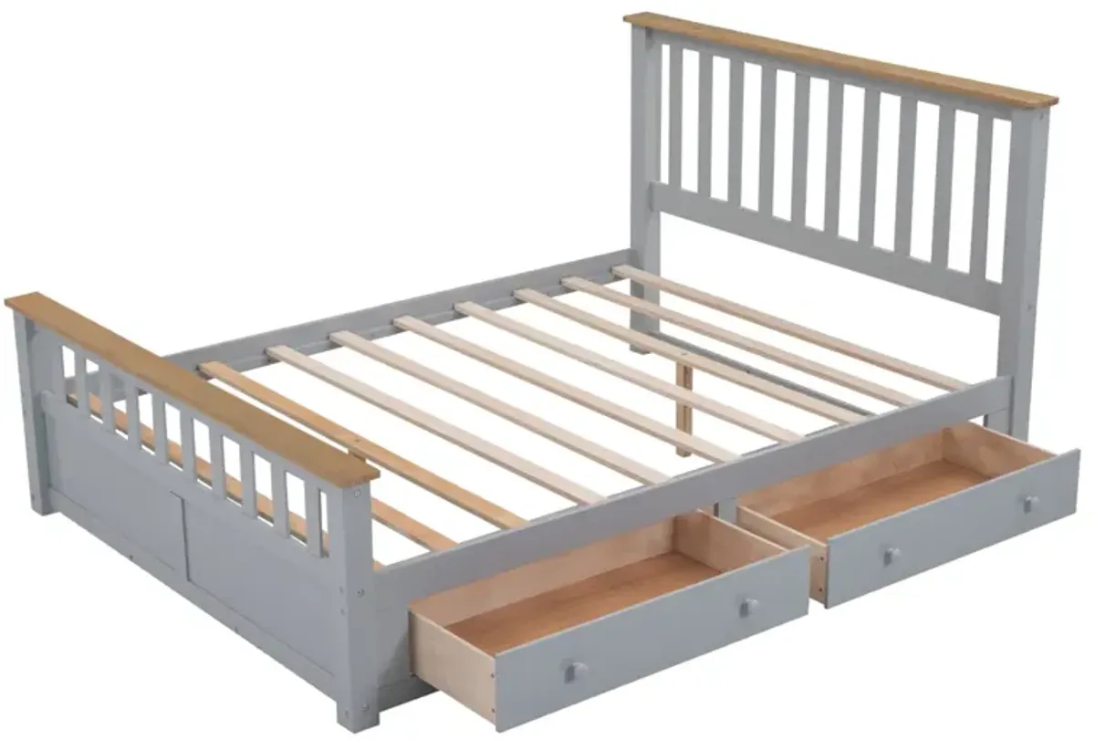 Queen Size Wood Platform Bed With Two Drawers And Wooden Slat Support