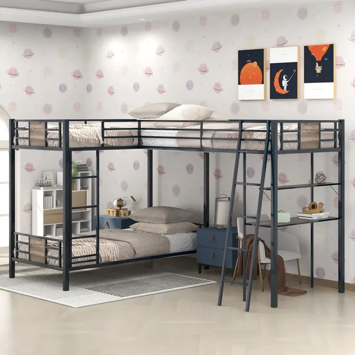 Merax  L-Shaped Bunk Bed Loft Bed with Desk and Shelf