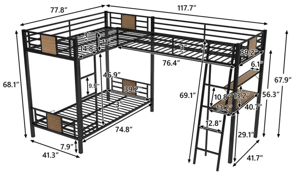 Merax  L-Shaped Bunk Bed Loft Bed with Desk and Shelf