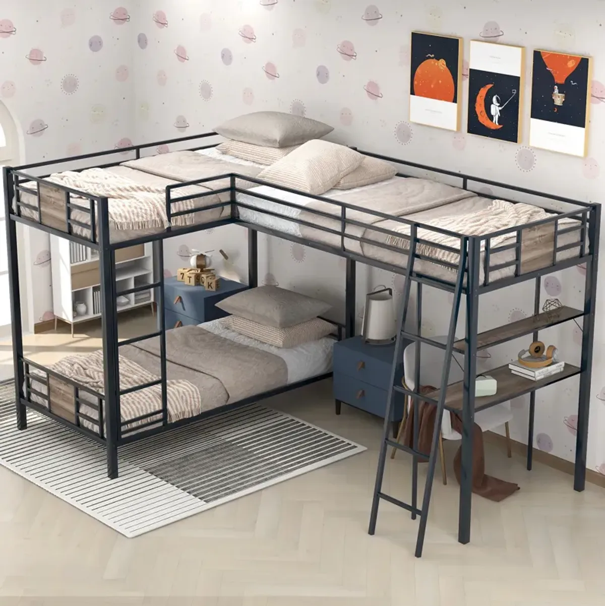 Merax  L-Shaped Bunk Bed Loft Bed with Desk and Shelf