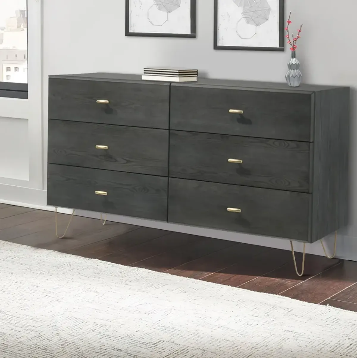 Wooden Dresser with 6 Drawers and Metal Hairpin Legs, Gray and Gold - Benzara