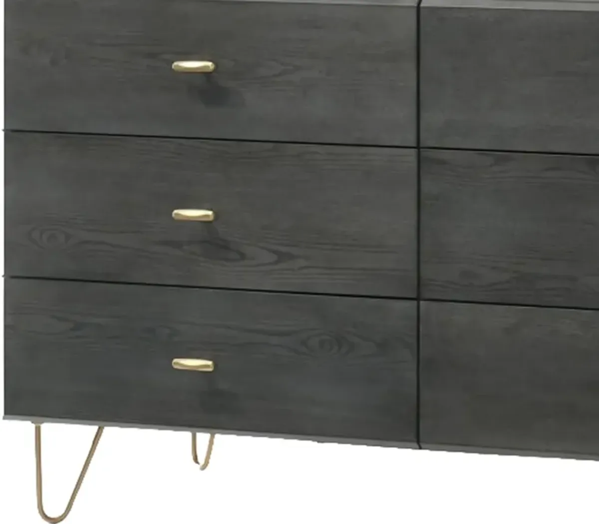 Wooden Dresser with 6 Drawers and Metal Hairpin Legs, Gray and Gold - Benzara