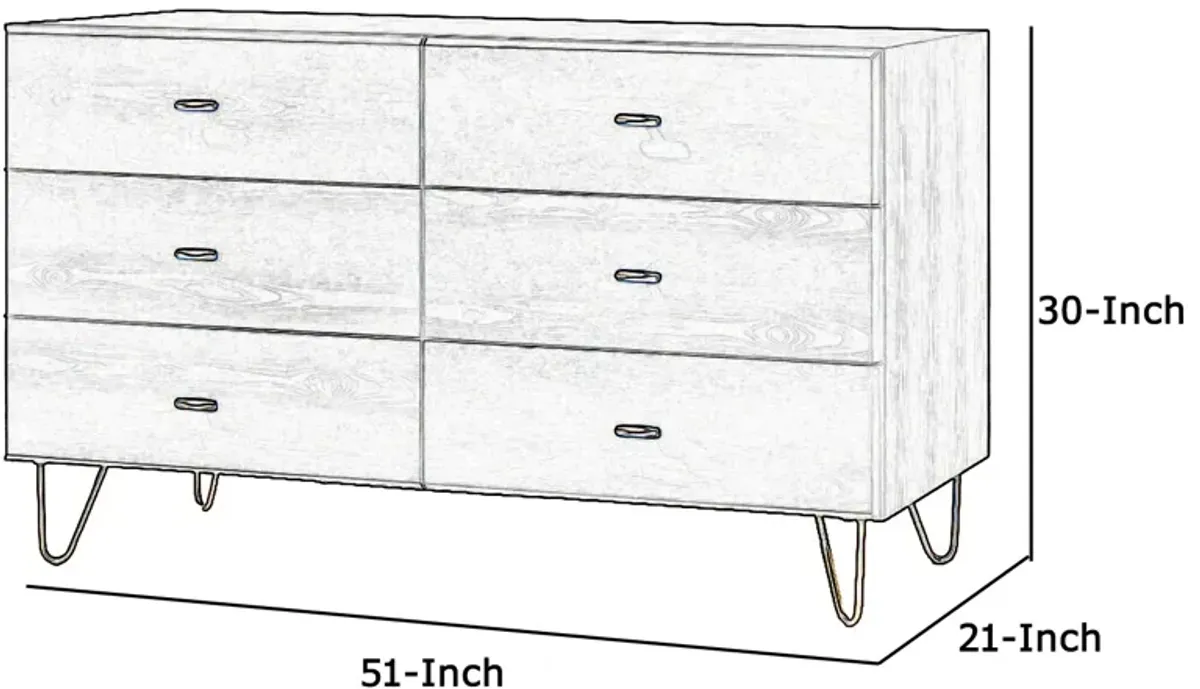 Wooden Dresser with 6 Drawers and Metal Hairpin Legs, Gray and Gold - Benzara