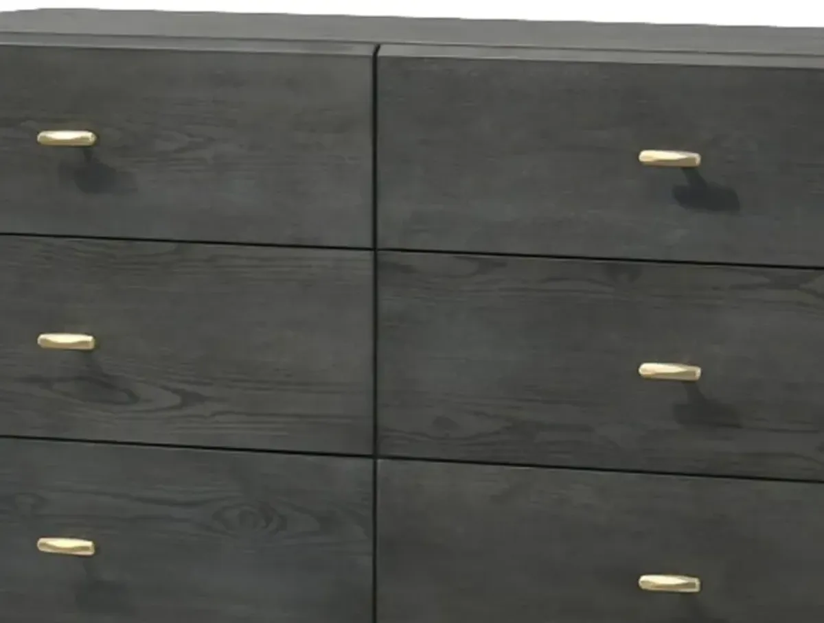 Wooden Dresser with 6 Drawers and Metal Hairpin Legs, Gray and Gold - Benzara