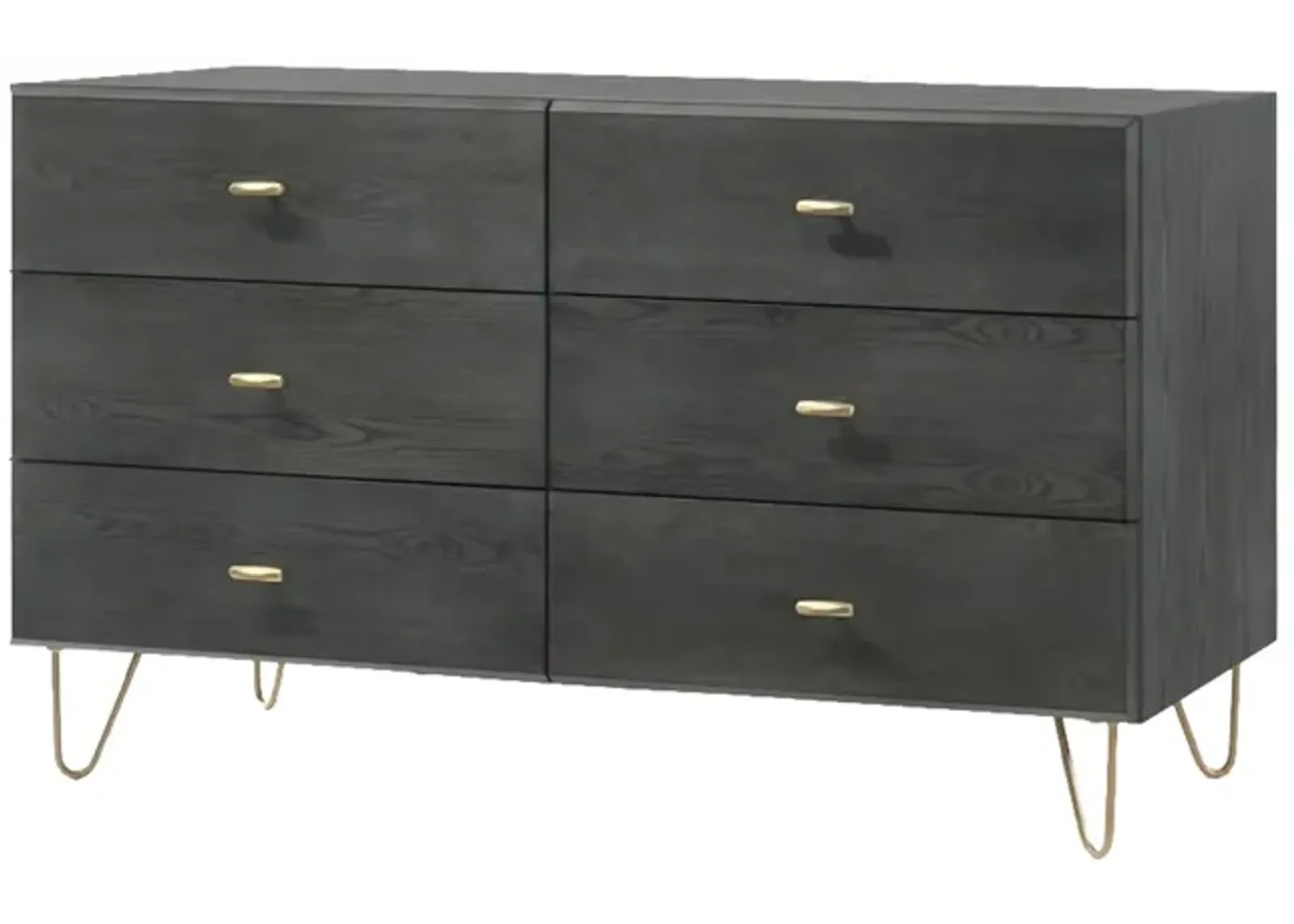 Wooden Dresser with 6 Drawers and Metal Hairpin Legs, Gray and Gold - Benzara