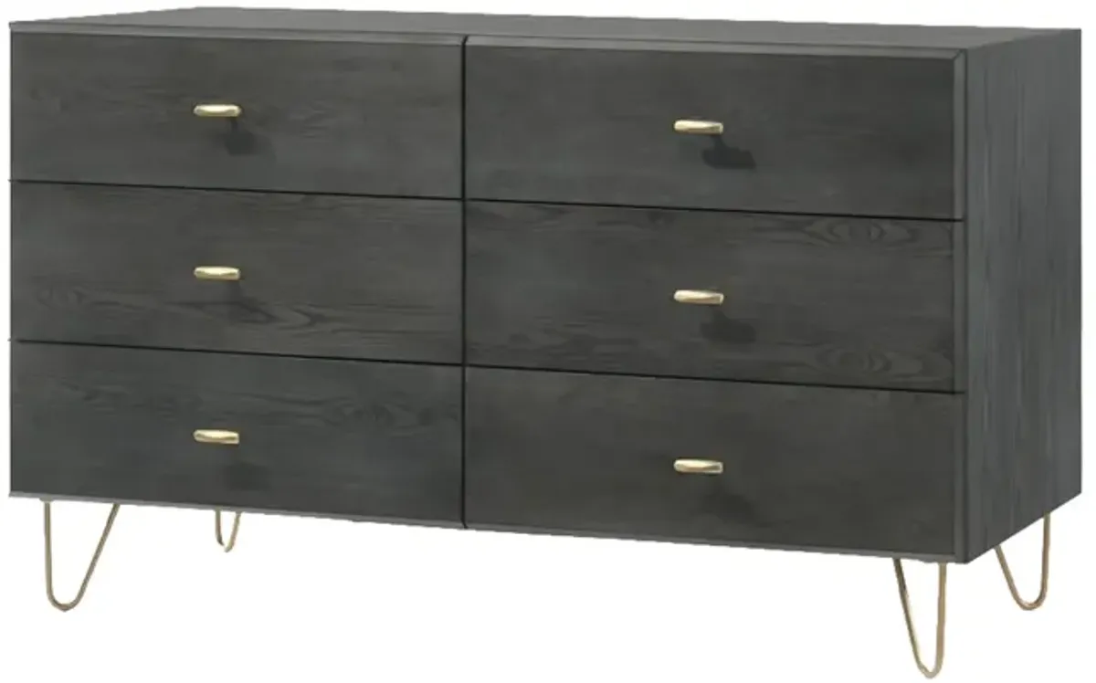 Wooden Dresser with 6 Drawers and Metal Hairpin Legs, Gray and Gold - Benzara