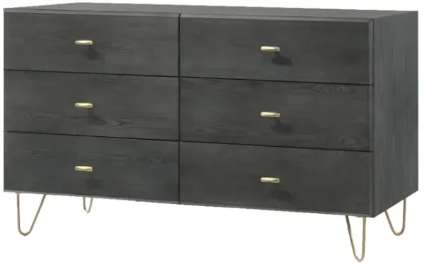 Wooden Dresser with 6 Drawers and Metal Hairpin Legs, Gray and Gold