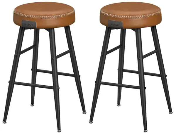 Laxy 25 Inch Counter Stool Set of 2, Brown Faux Leather Round Seat, Black - Benzara