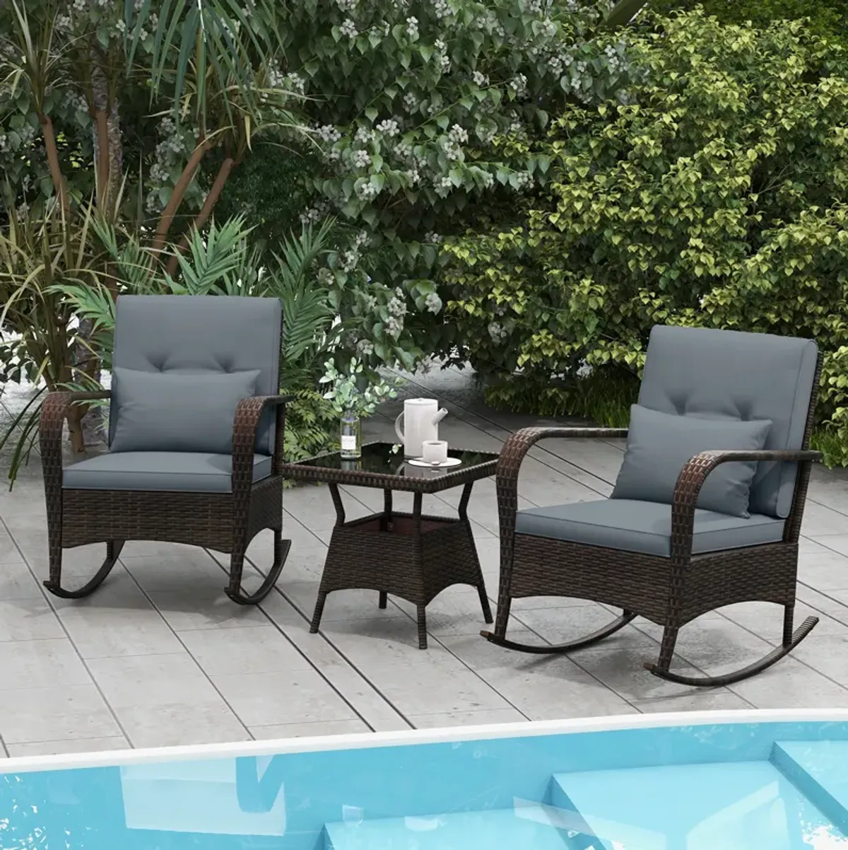 3 Piece Outdoor Rocking Set with Tempered Glass Coffee Table for Backyard Poolside