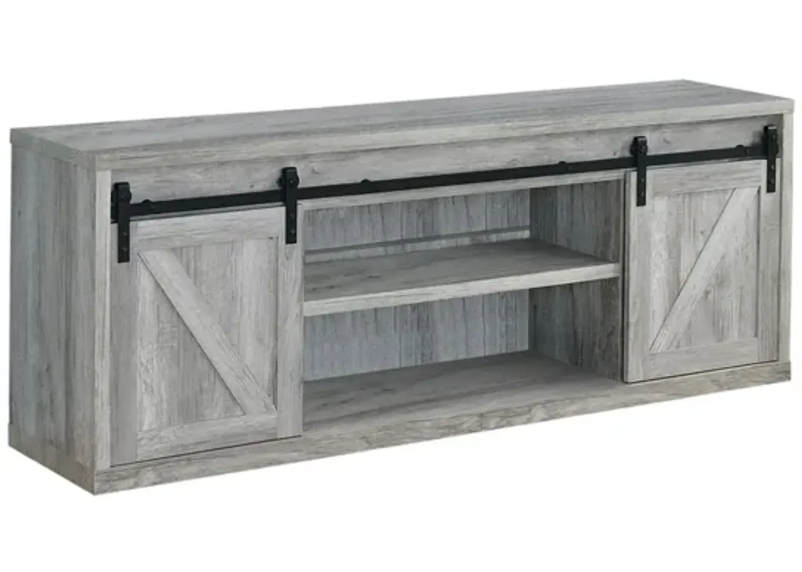 71 Inch Farmhouse Wooden TV Console With 2 Sliding Barn Doors, Gray-Benzara