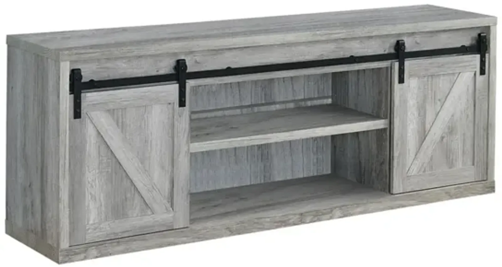 71 Inch Farmhouse Wooden TV Console With 2 Sliding Barn Doors, Gray-Benzara