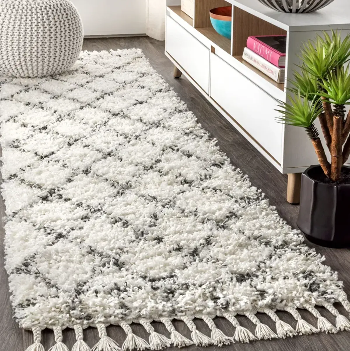 Mercer Shag Plush Tassel Moroccan Geometric Trellis Area Rug