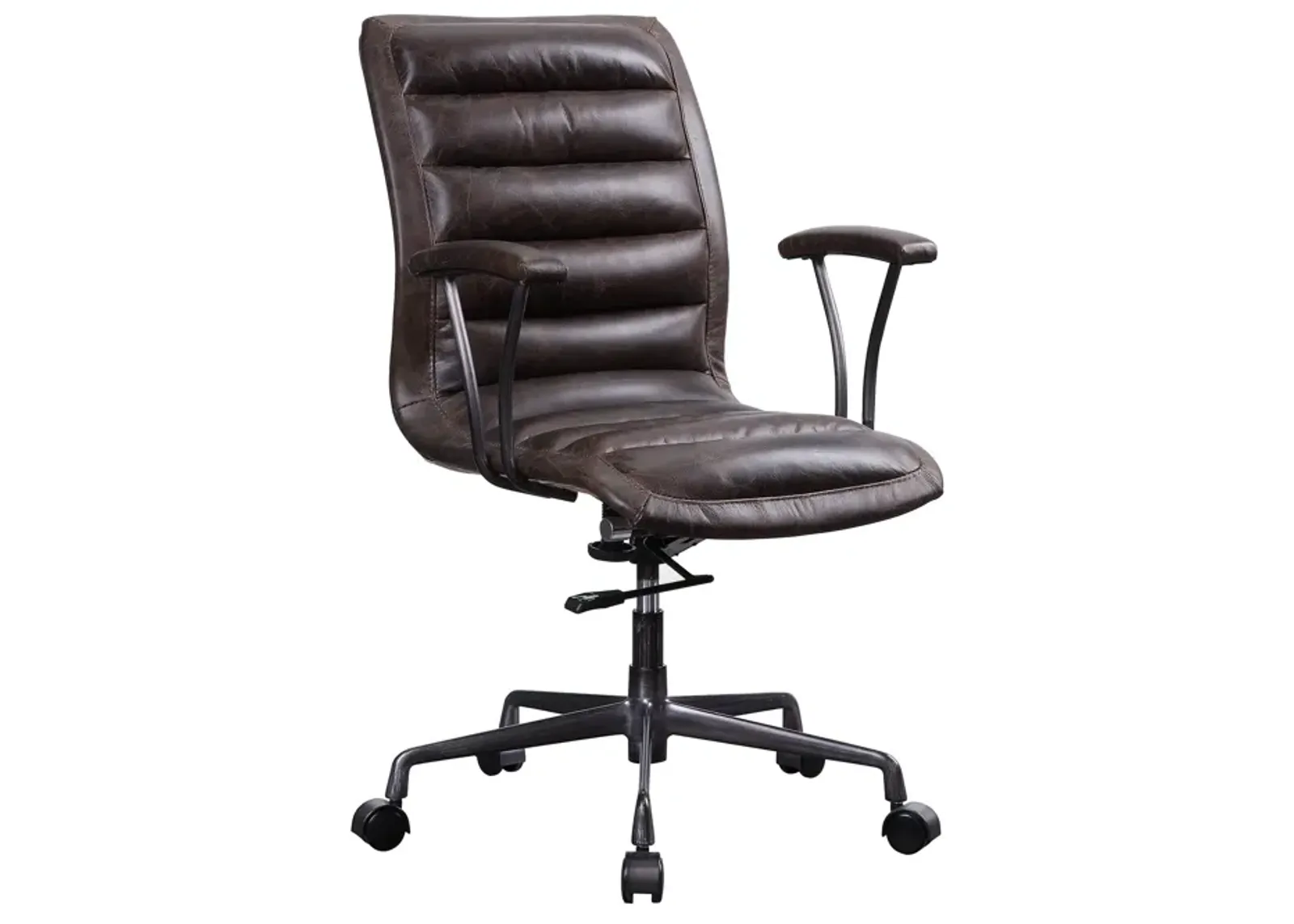 Tufted Leatherette Office Chair with Adjustable Metal Base and Padded Armrest, Brown and Gray - Benzara