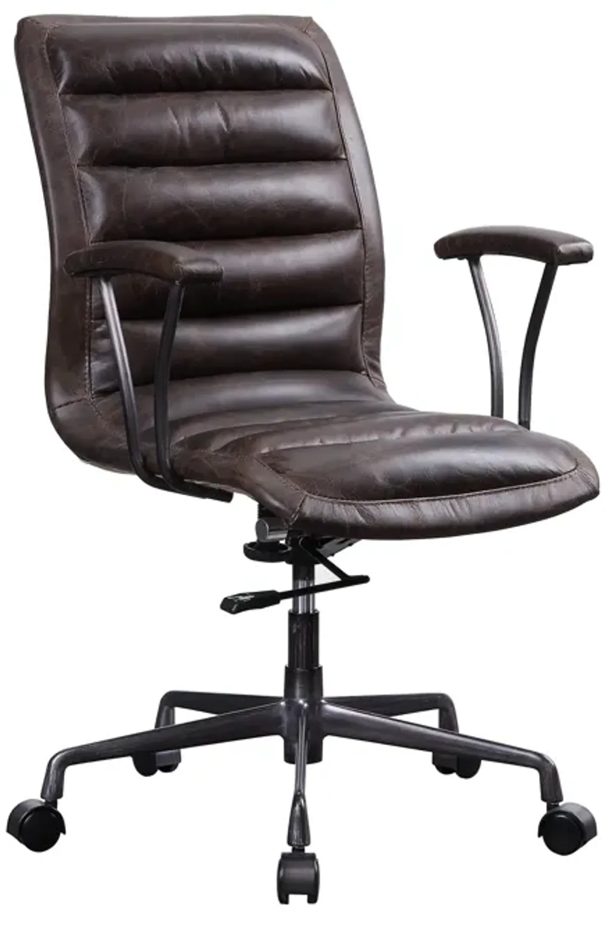 Tufted Leatherette Office Chair with Adjustable Metal Base and Padded Armrest, Brown and Gray - Benzara