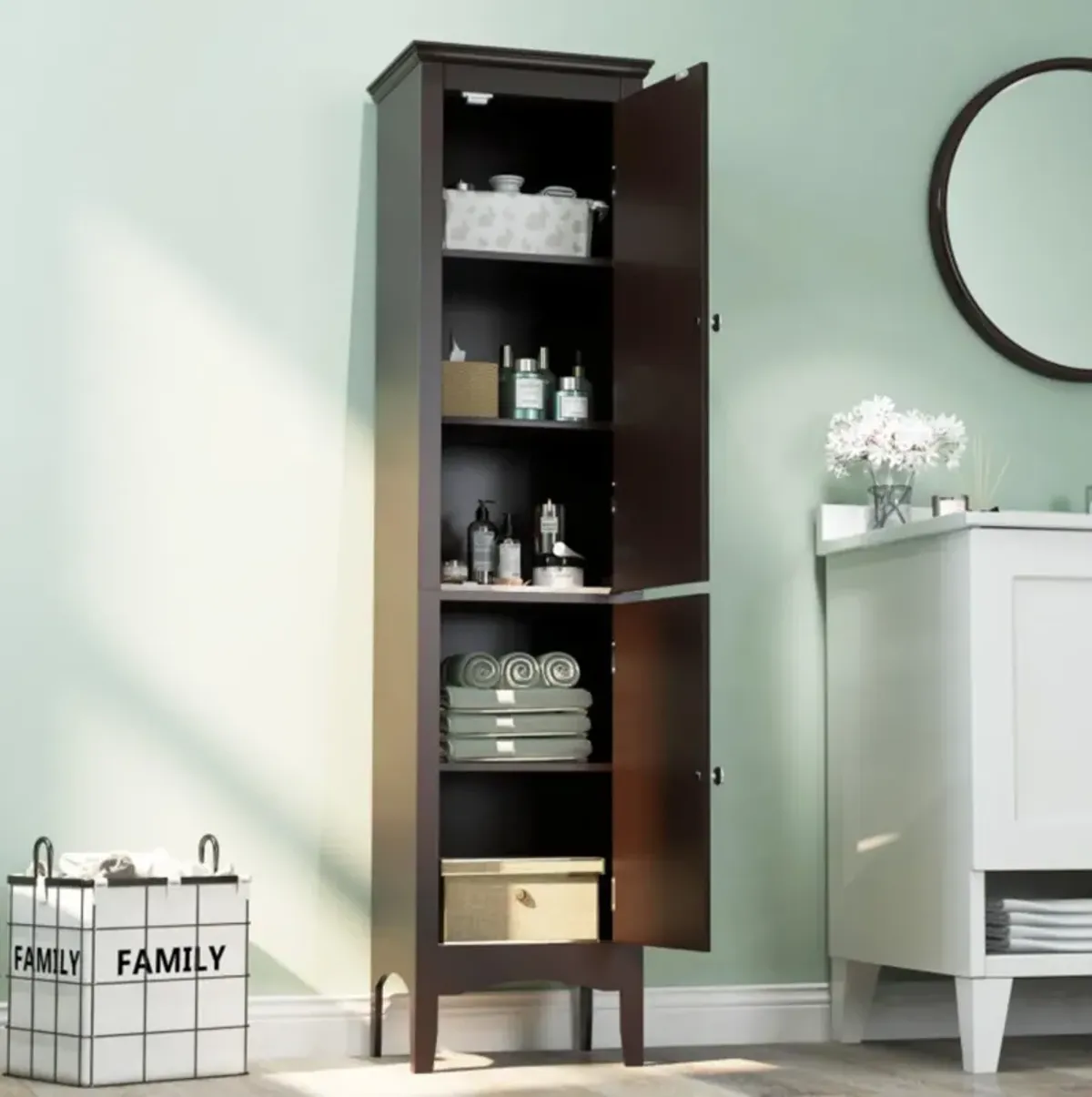 Hivvago Tall Bathroom Floor Cabinet with Shutter Doors and Adjustable Shelf