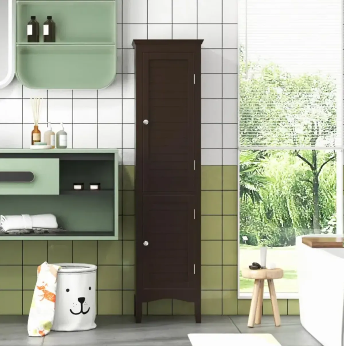 Hivvago Tall Bathroom Floor Cabinet with Shutter Doors and Adjustable Shelf