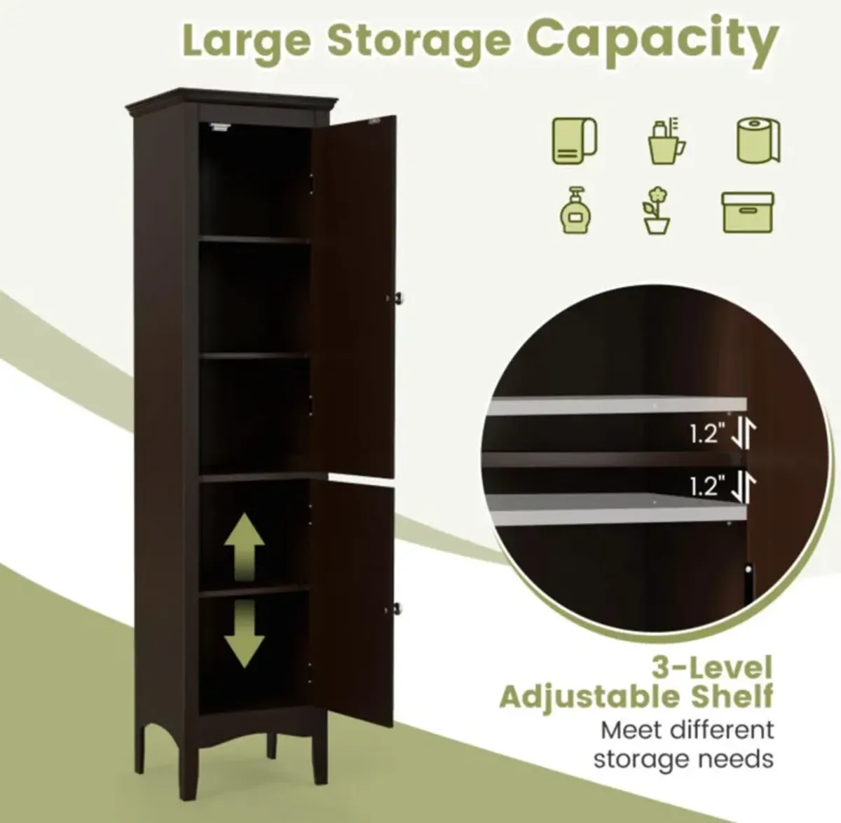 Hivvago Tall Bathroom Floor Cabinet with Shutter Doors and Adjustable Shelf