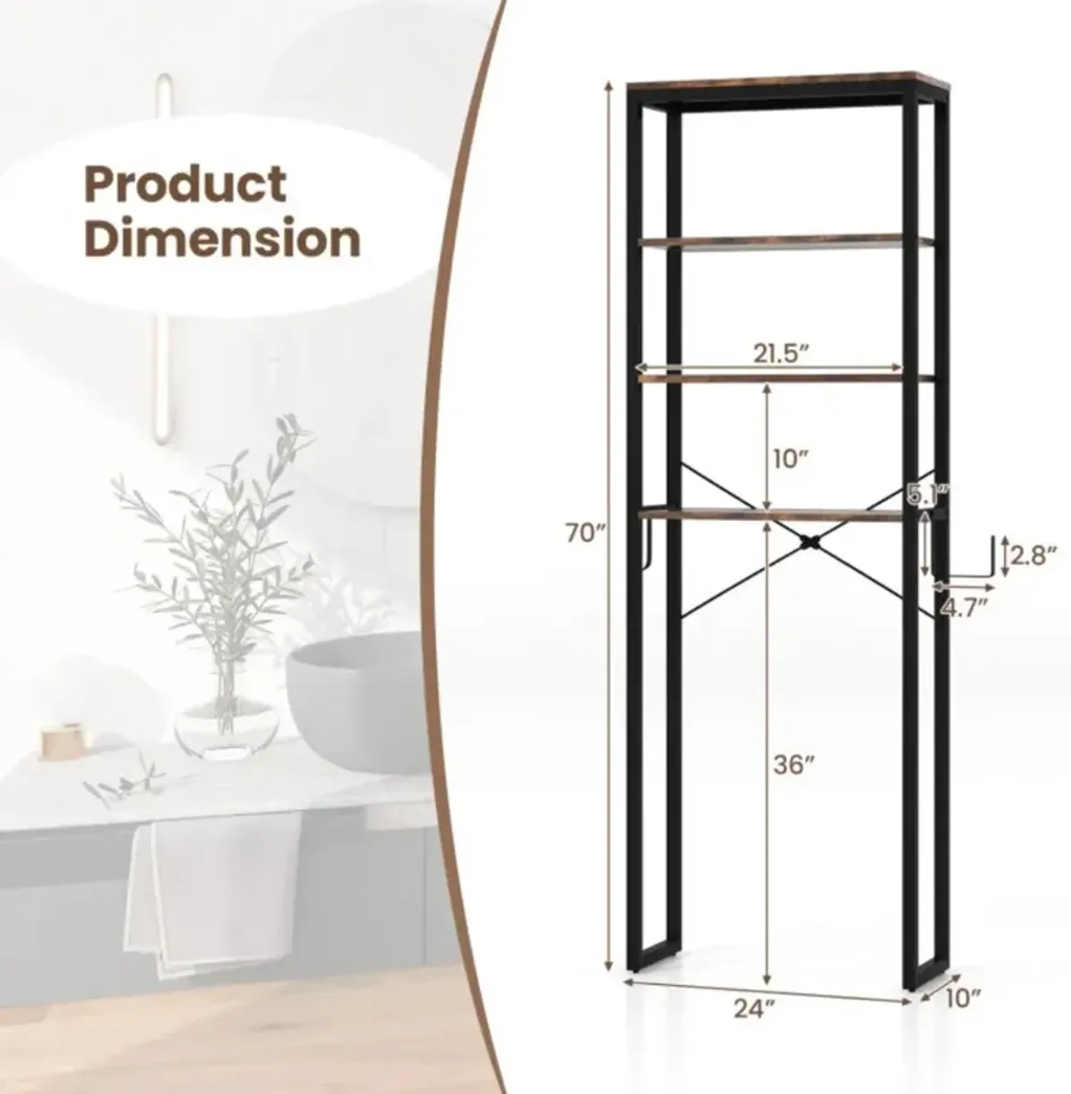 Hivvago 4-Tier Freestanding Over the Toilet Storage Rack-Rustic Brown