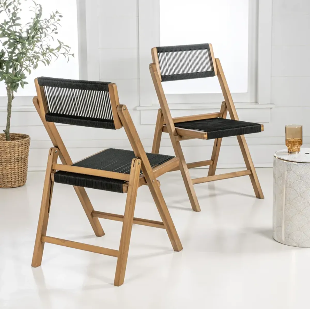 Olivier Coastal Modern Wood Roped Folding Chair with Adjustable Back