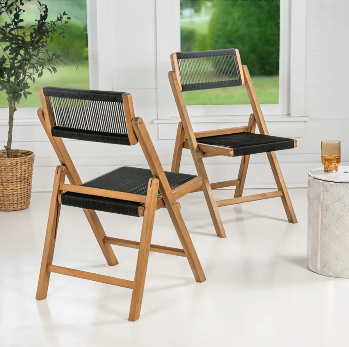 Olivier Coastal Modern Wood Roped Folding Chair with Adjustable Back