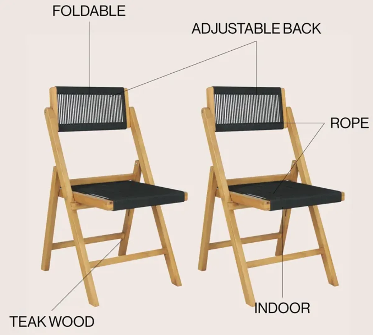 Olivier Coastal Modern Wood Roped Folding Chair with Adjustable Back