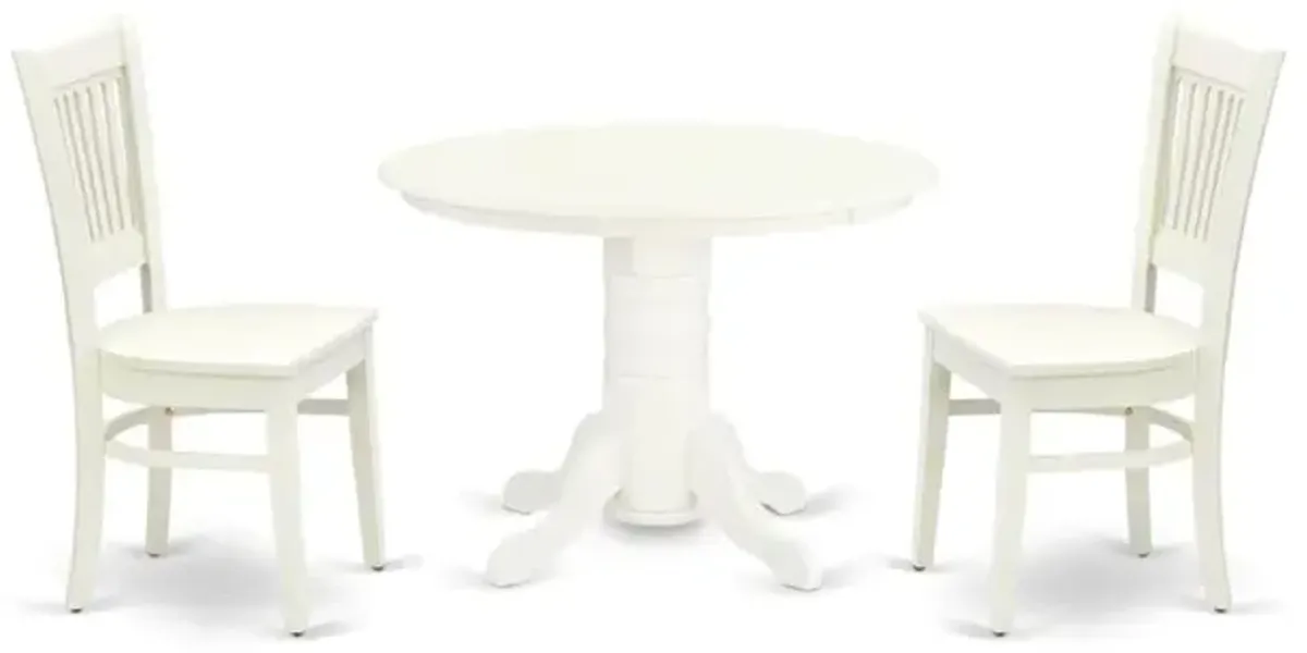 East West Furniture - SHVA3-LWH-W - 3-Pc Dining Room Set- 2 Wooden Dining Chairs and Round Dining Room Table - Wooden Seat and Slatted Chair Back - Linen White Finish